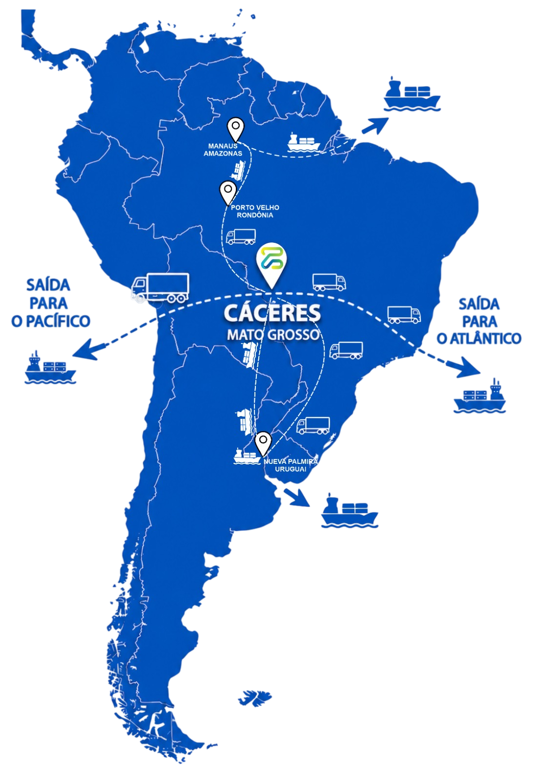 Mapa da América do Sul com Cáceres como ponto estratégico de conexão logística